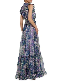 Ieena Floral Print Chiffon Ruffle Gown