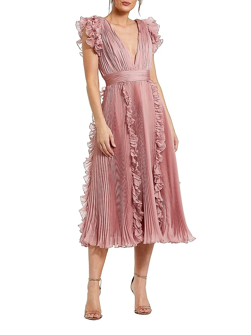 V-Neck Pleated Chiffon Ruffle Midi-Dress