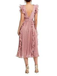 V-Neck Pleated Chiffon Ruffle Midi-Dress