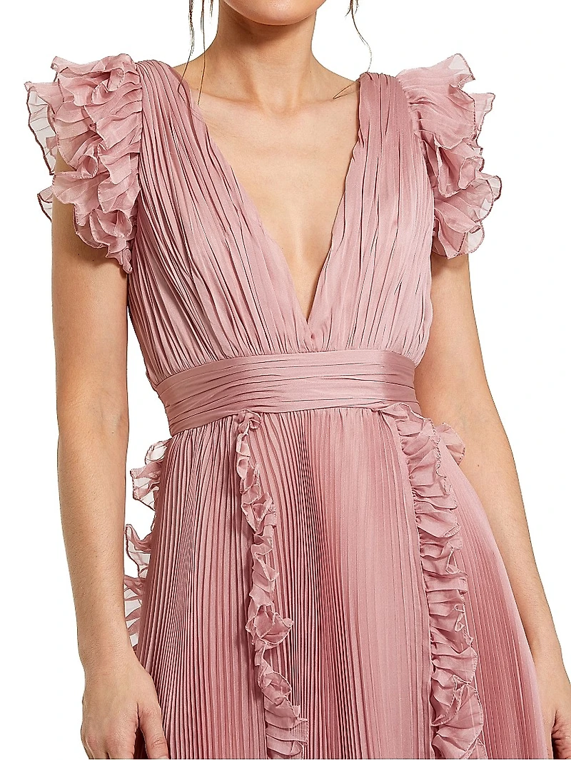 V-Neck Pleated Chiffon Ruffle Midi-Dress