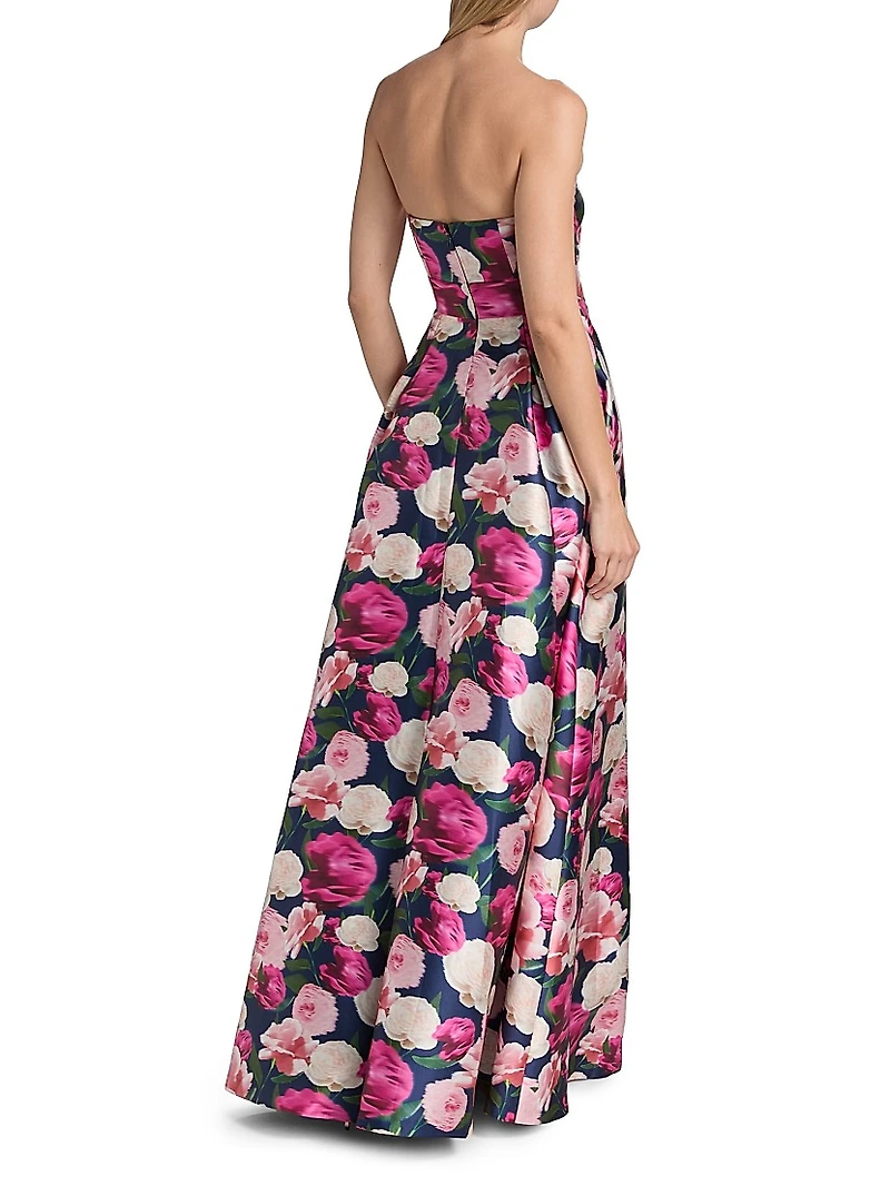 Giovanna Floral Satin Strapless Fit & Flare Gown