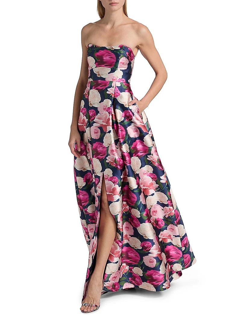 Giovanna Floral Satin Strapless Fit & Flare Gown