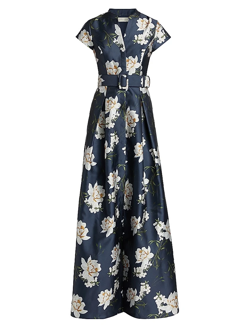 Marta Floral Satin Belted Gown