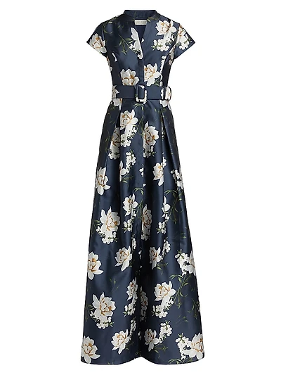 Marta Floral Satin Belted Gown
