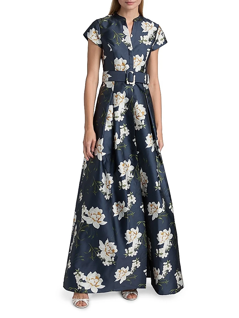 Marta Floral Satin Belted Gown