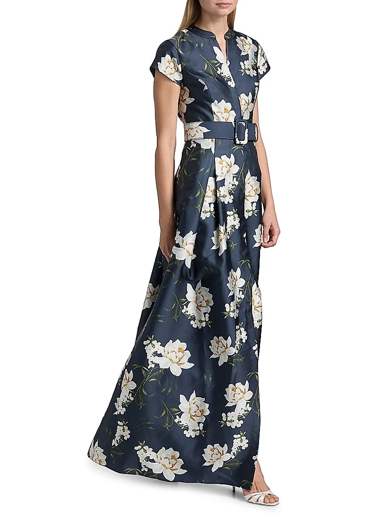 Marta Floral Satin Belted Gown