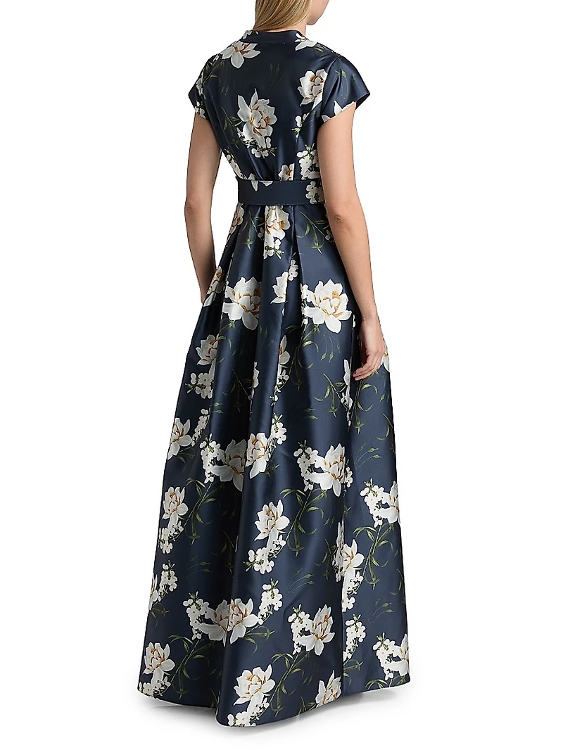 Marta Floral Satin Belted Gown