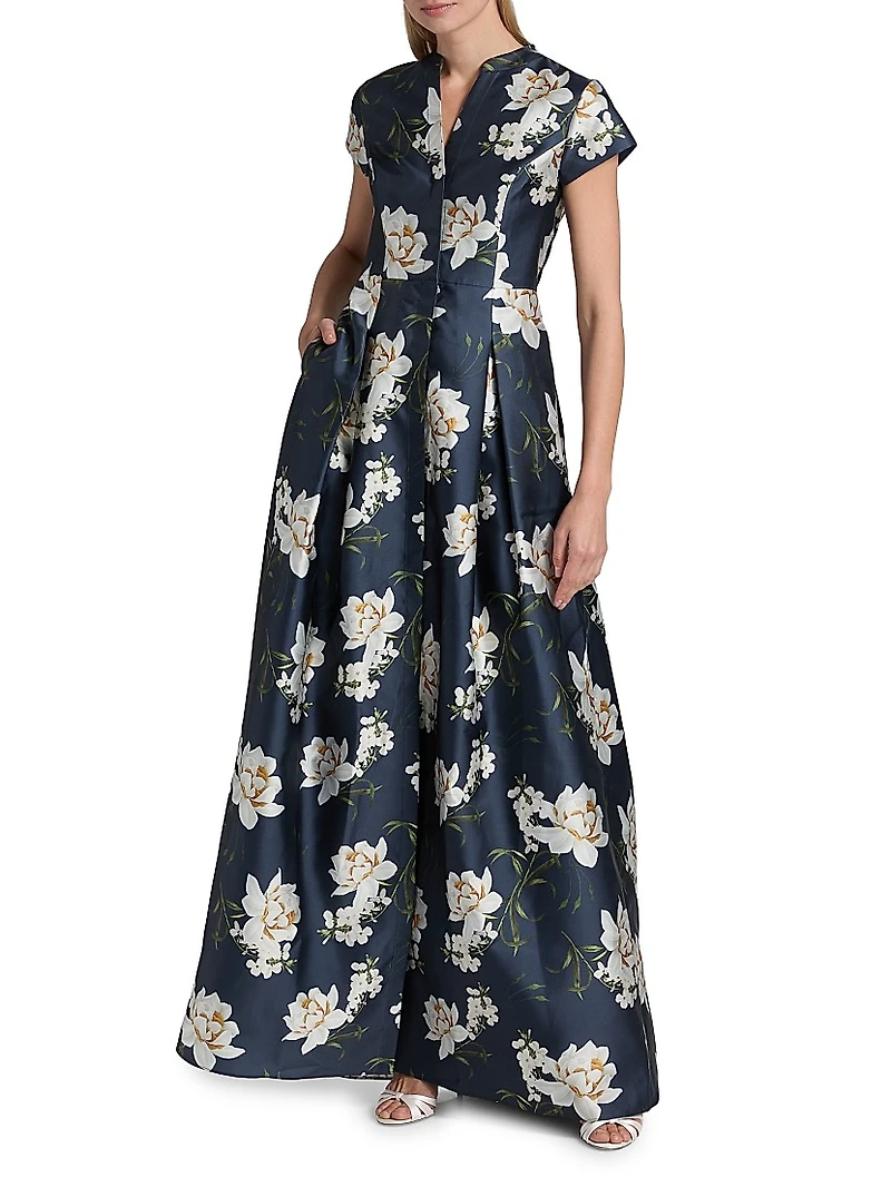 Marta Floral Satin Belted Gown