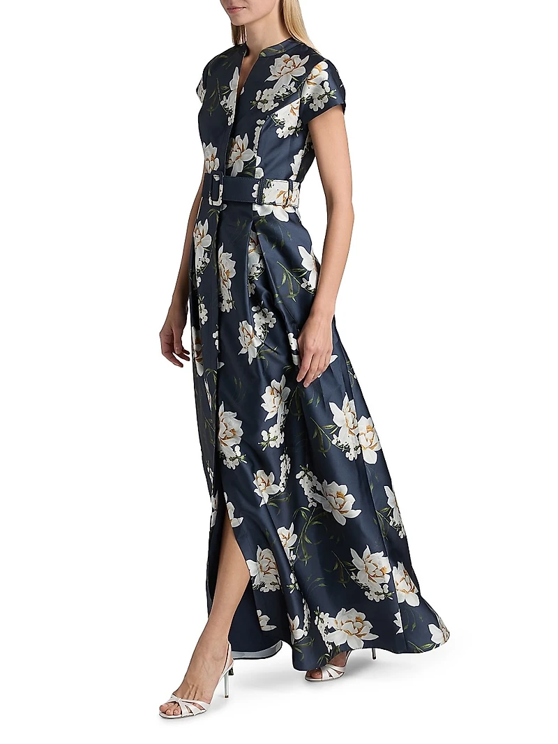 Marta Floral Satin Belted Gown
