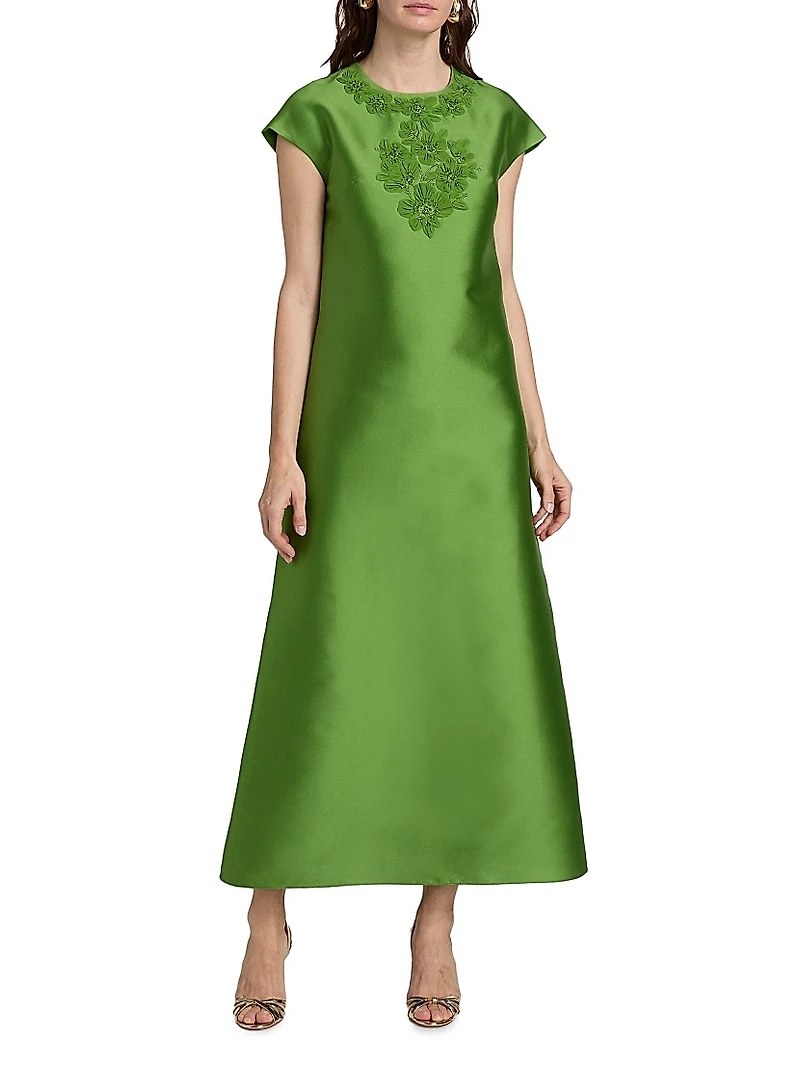 Gwendolyn Floral Satin Cap-Sleeve Gown