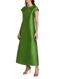 Gwendolyn Floral Satin Cap-Sleeve Gown