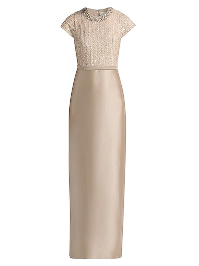 Isla Sequinned-Bodice Short-Sleeve Gown