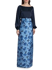 Astor Satin Belted Floral Gown
