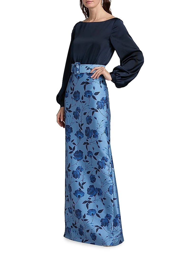 Astor Satin Belted Floral Gown