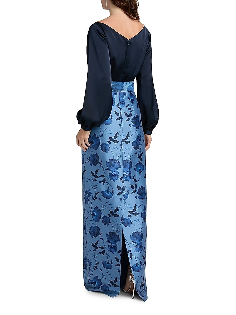 Astor Satin Belted Floral Gown