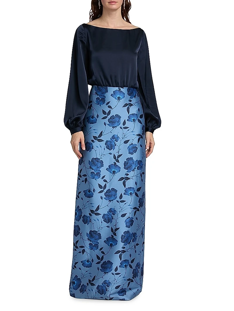 Astor Satin Belted Floral Gown