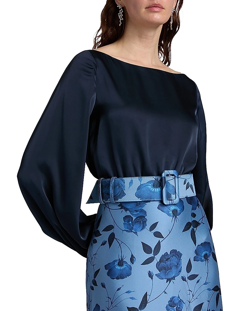 Astor Satin Belted Floral Gown