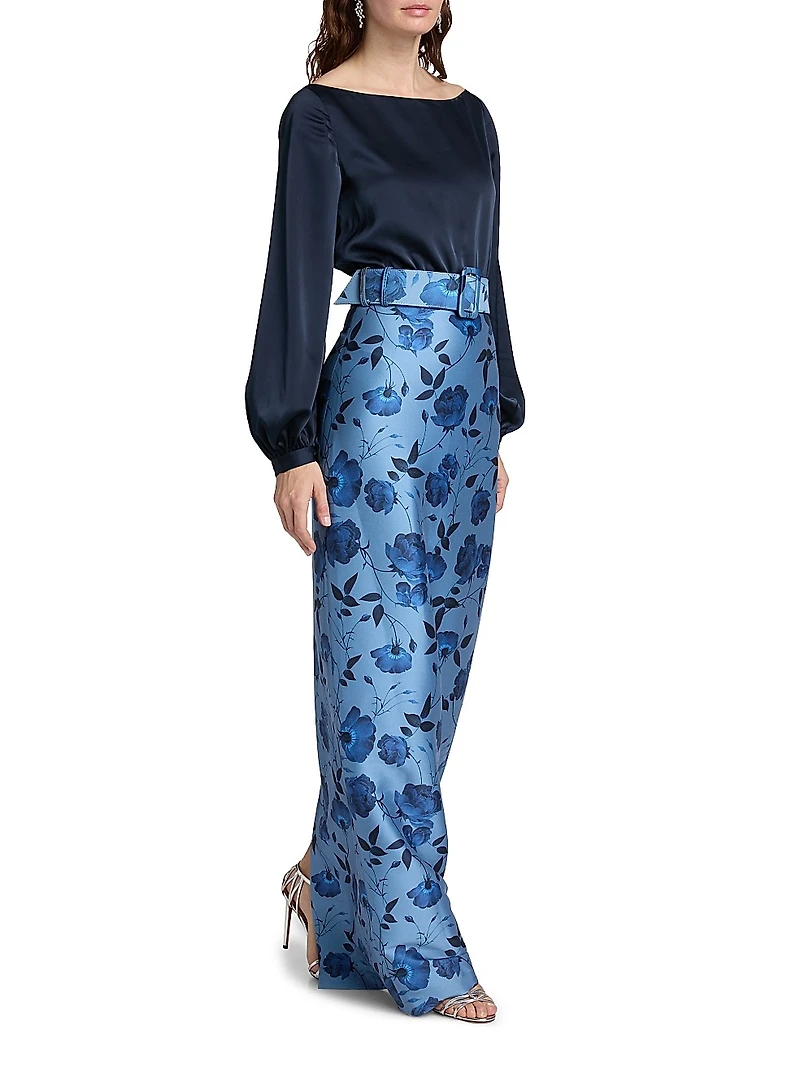 Astor Satin Belted Floral Gown