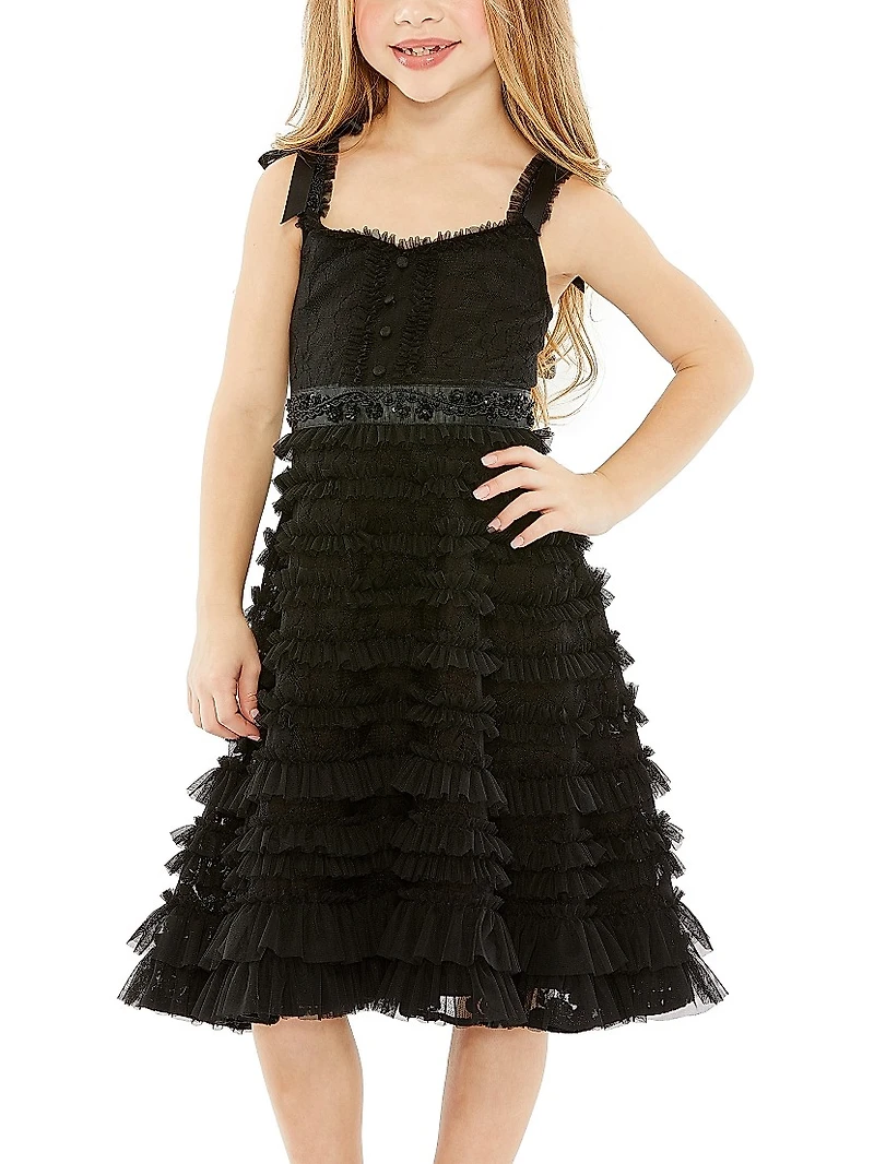Little Girl's & Beaded Bow Strap Ruffle Lace Dress