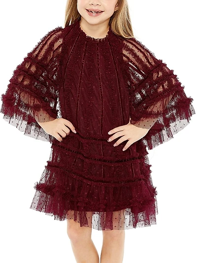 Little Girl's & Velvet-Trimmed Ruffle Minidress