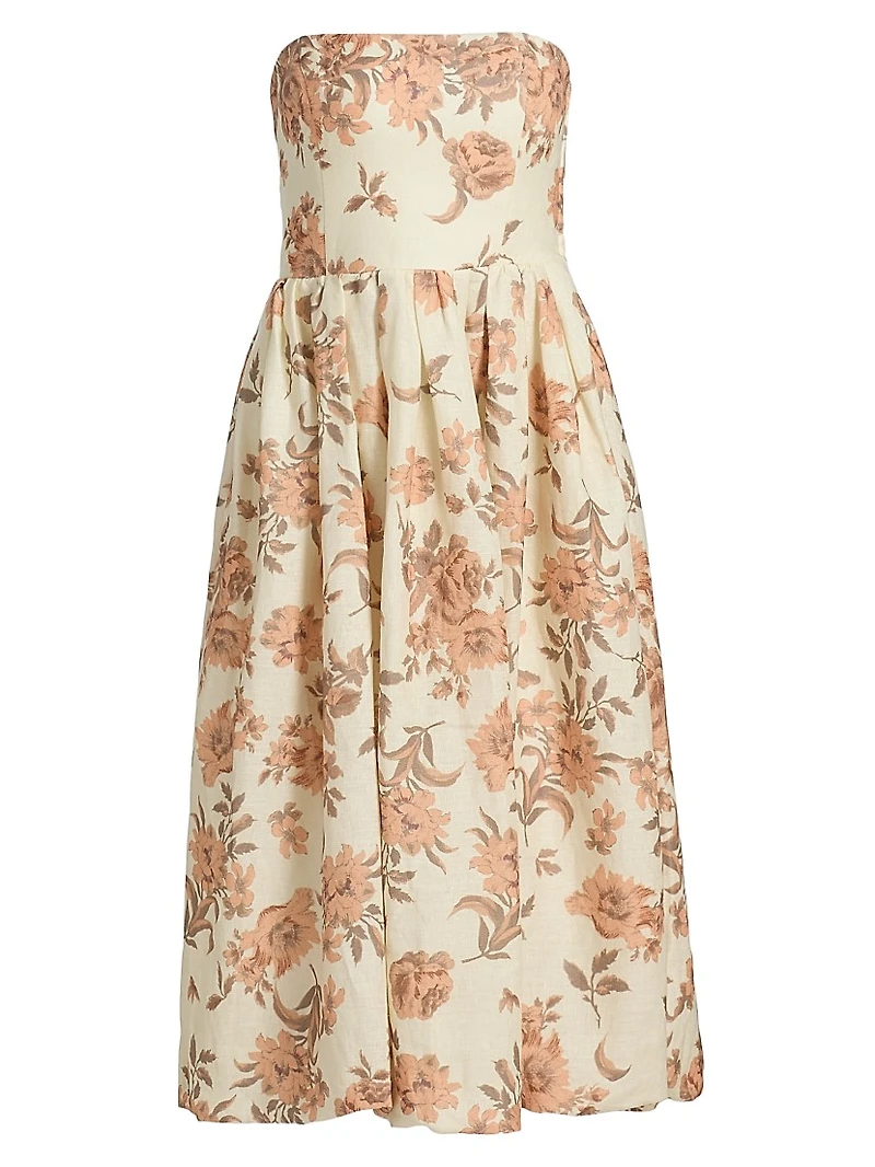 Anisha Floral Linen Strapless Midi-Dress