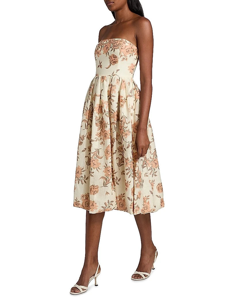 Anisha Floral Linen Strapless Midi-Dress
