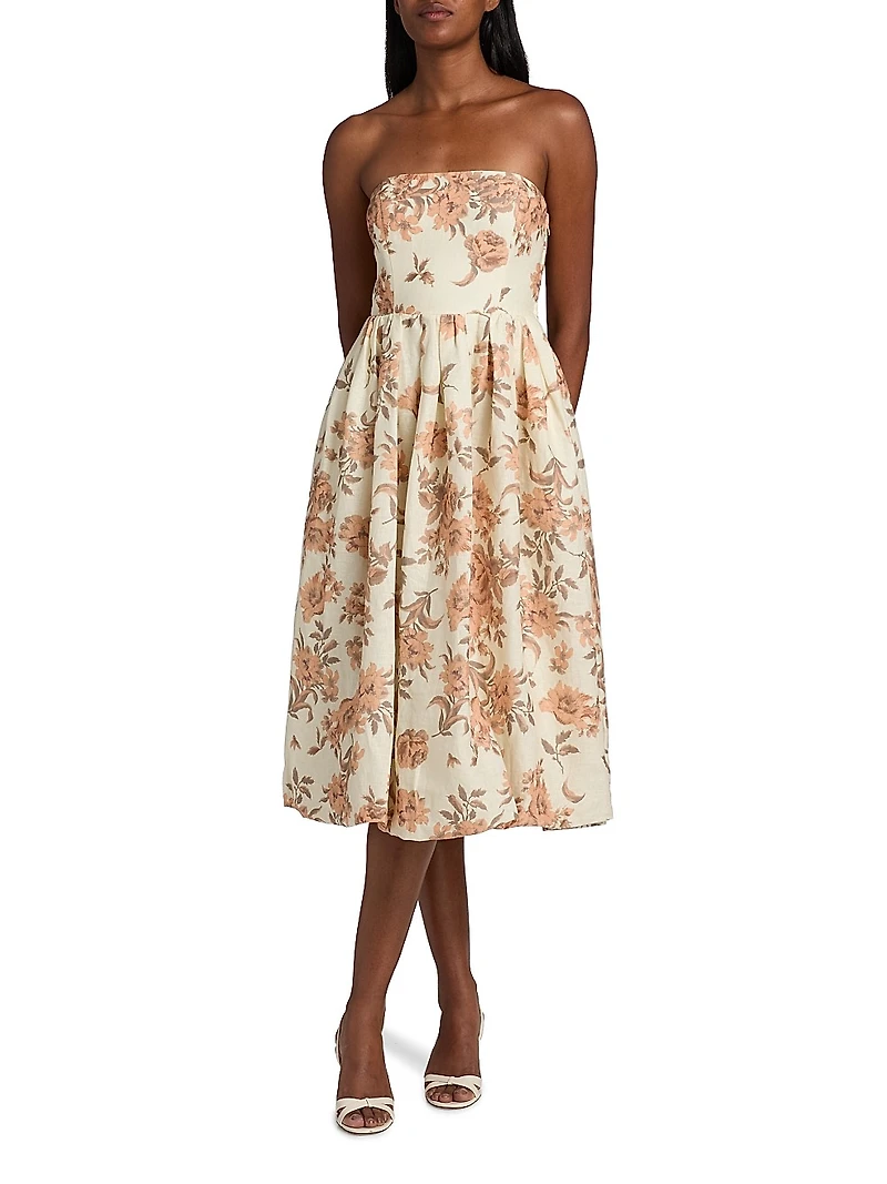 Anisha Floral Linen Strapless Midi-Dress