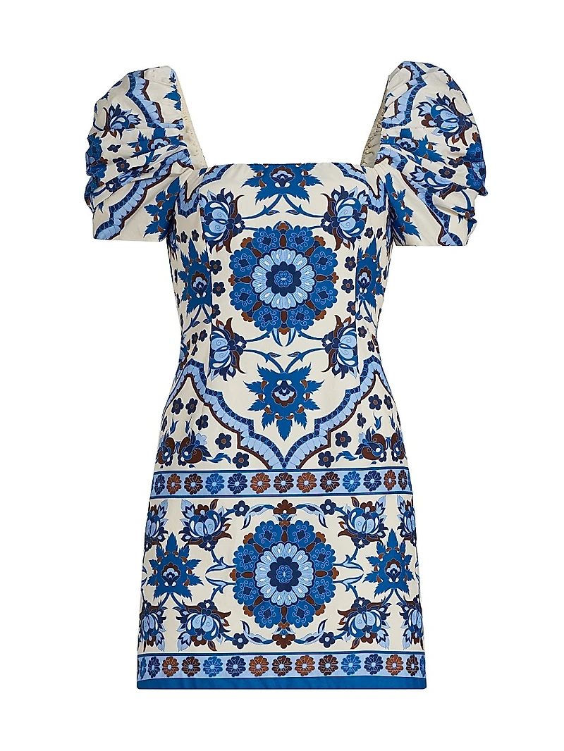 Kelly Tile Print Puff-Sleeve Minidress