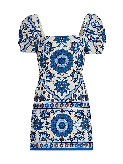 Kelly Tile Print Puff-Sleeve Minidress