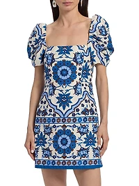 Kelly Tile Print Puff-Sleeve Minidress