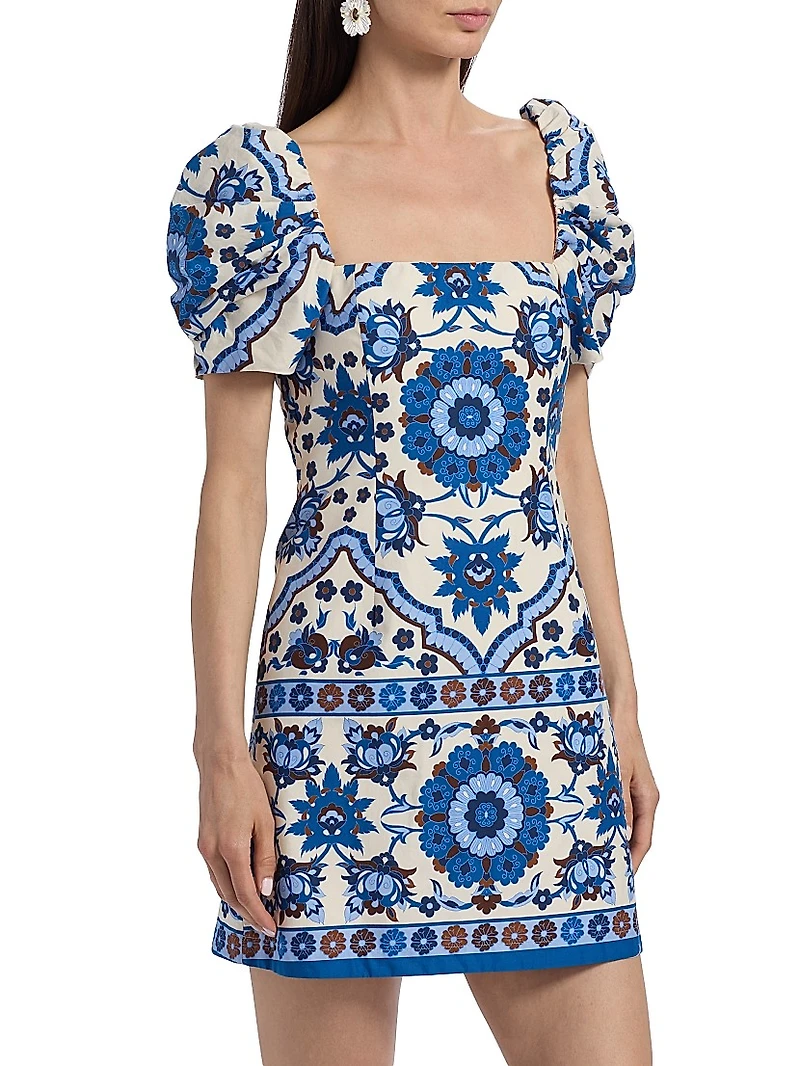 Kelly Tile Print Puff-Sleeve Minidress