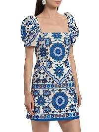 Kelly Tile Print Puff-Sleeve Minidress