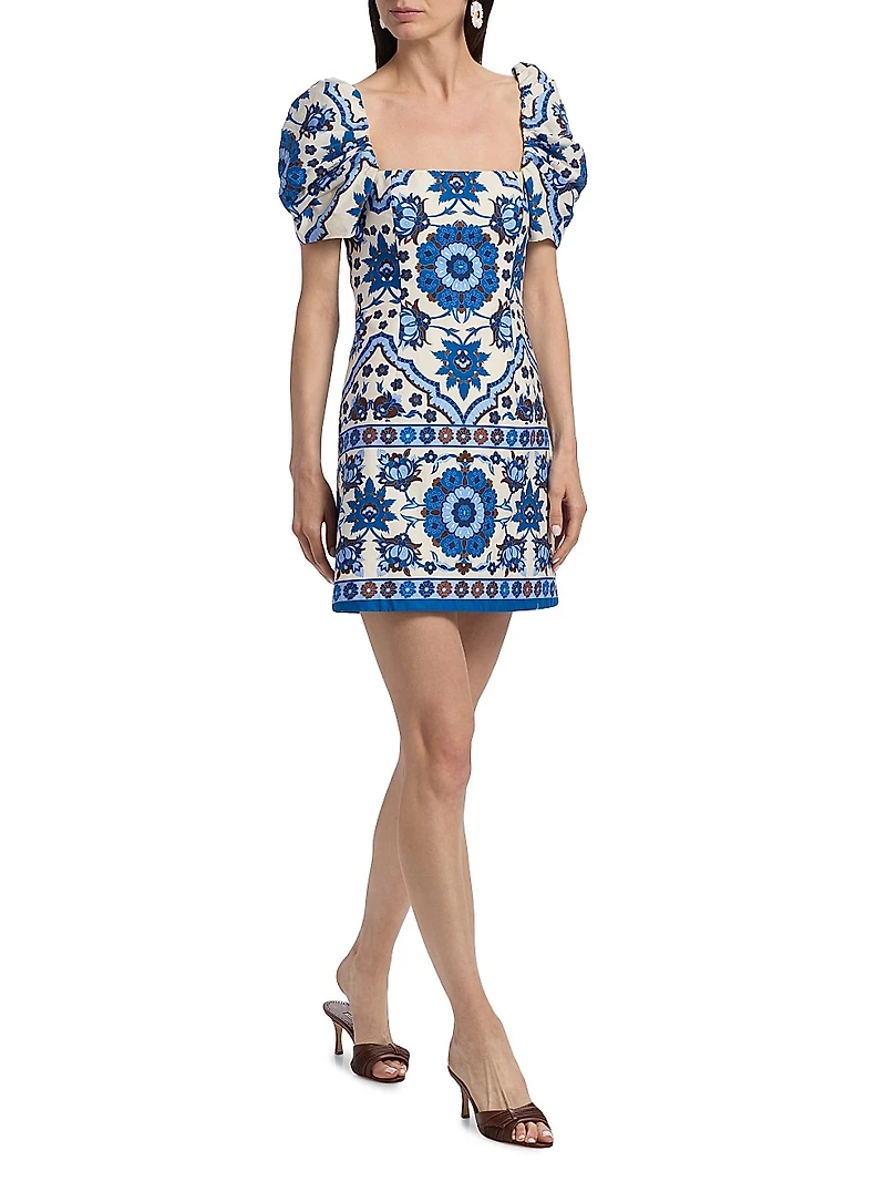 Kelly Tile Print Puff-Sleeve Minidress