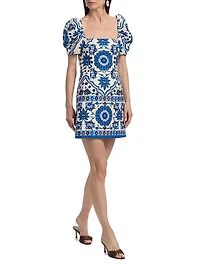 Kelly Tile Print Puff-Sleeve Minidress