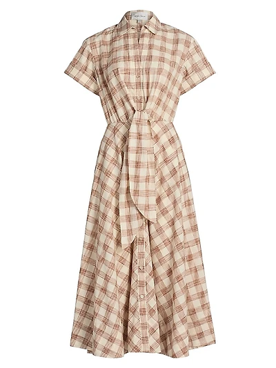 Asbury Plaid Cotton Tie-Waist Midi-Shirtdress