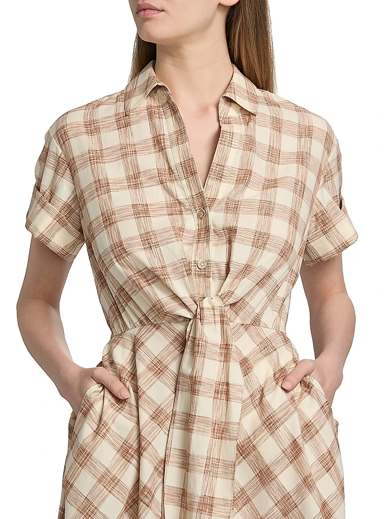 Asbury Plaid Cotton Tie-Waist Midi-Shirtdress