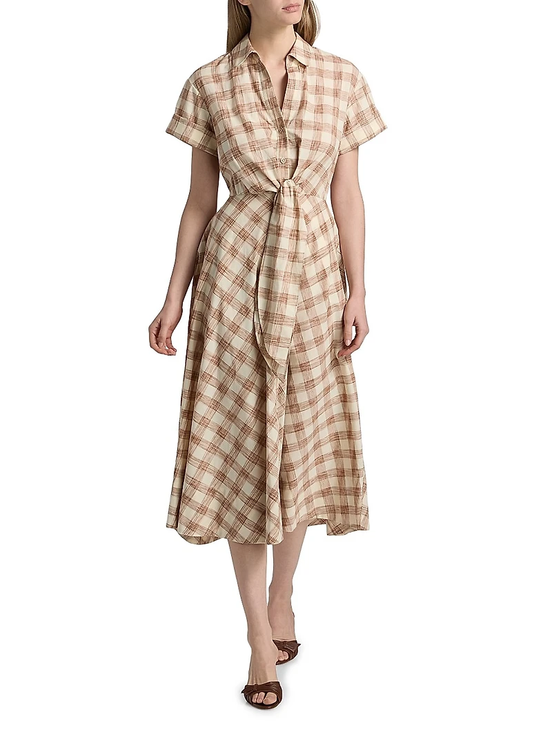 Asbury Plaid Cotton Tie-Waist Midi-Shirtdress