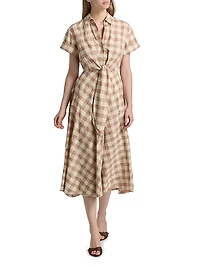 Asbury Plaid Cotton Tie-Waist Midi-Shirtdress