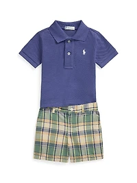 Baby Boy's Mesh Polo Shirt & Madras Shorts Set
