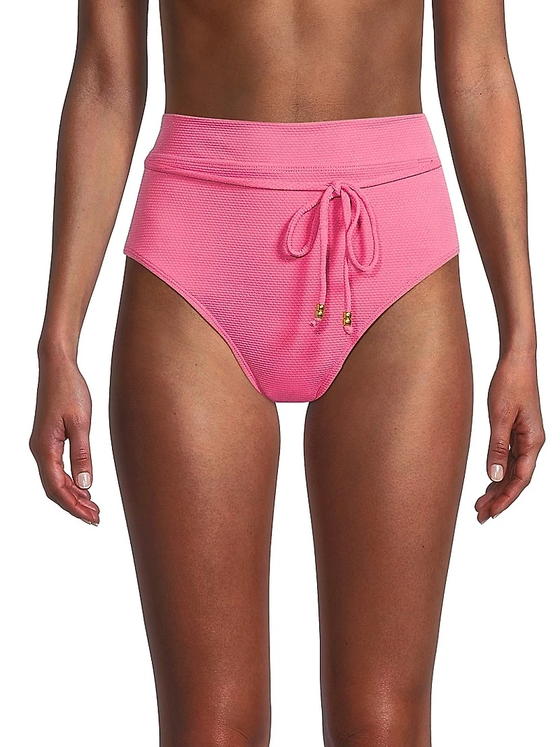 Belted Metallic High-Waisted Bikini Bottom