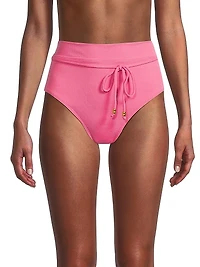 Belted Metallic High-Waisted Bikini Bottom