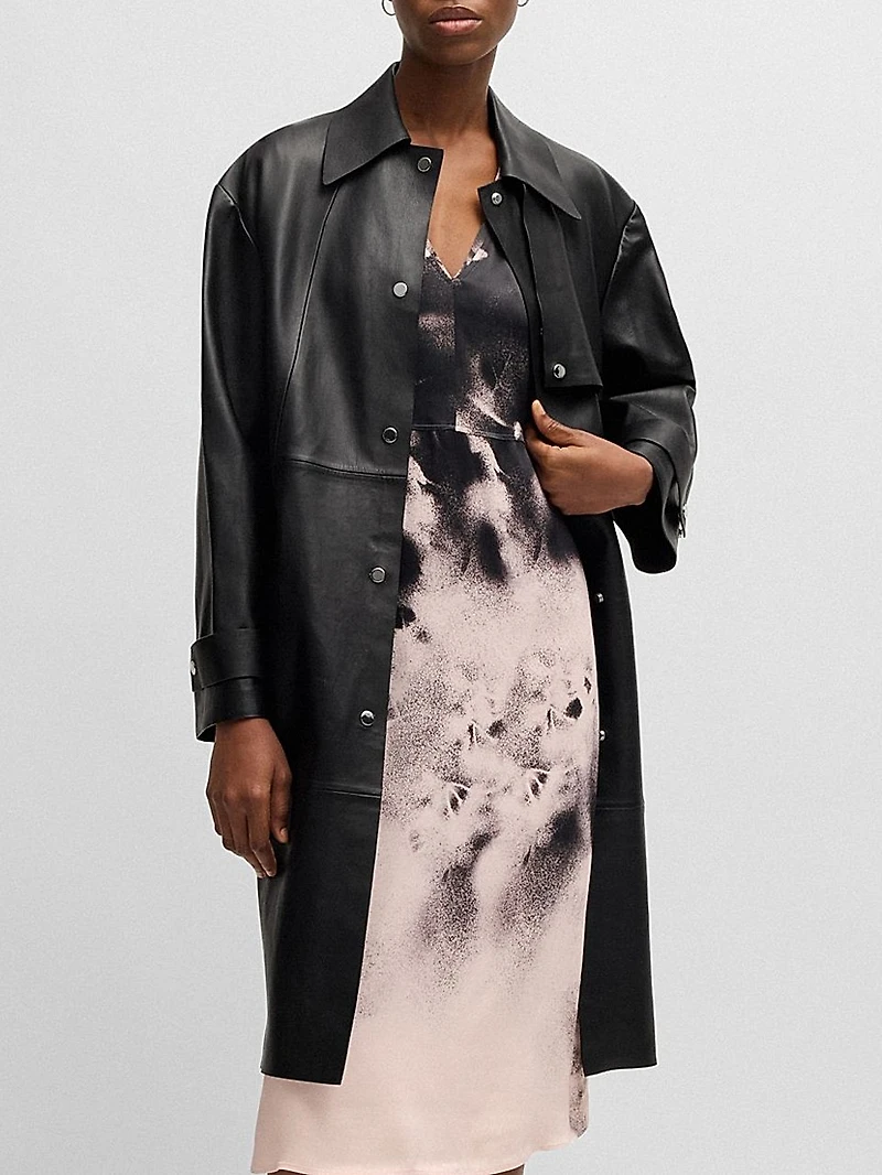 Leather Trench Coat with Silver-Tone Trims