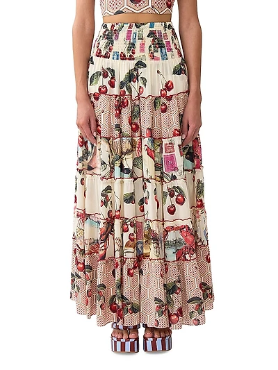 Cherry-Print Silk Tiered Maxi Skirt