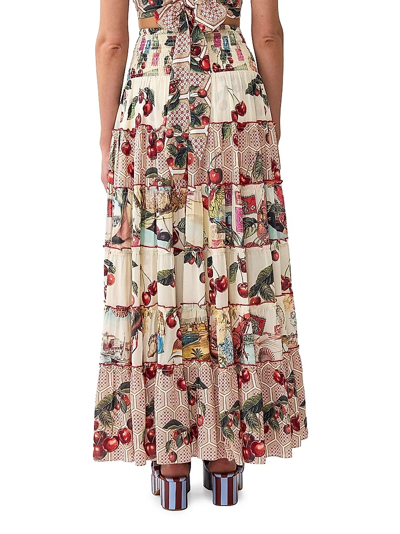 Cherry-Print Silk Tiered Maxi Skirt