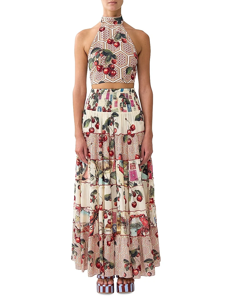 Cherry-Print Silk Tiered Maxi Skirt