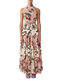Cherry-Print Silk Tiered Maxi Skirt