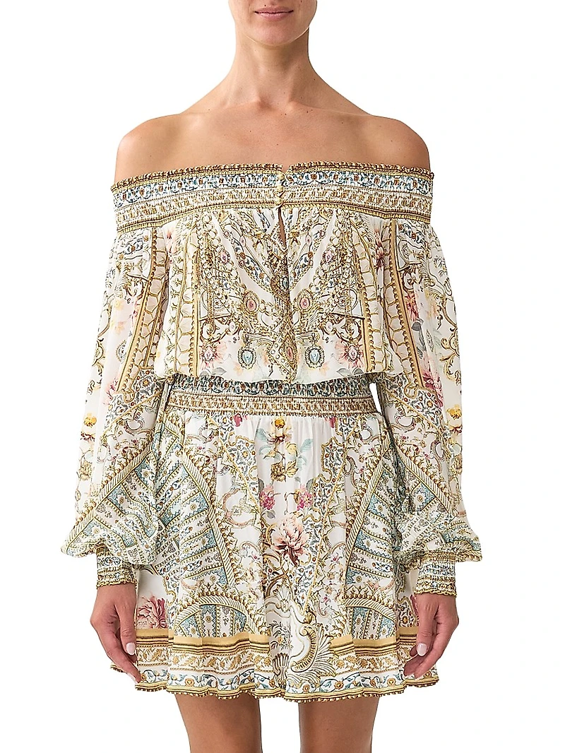 Printed Off-The-Shoulder Silk Minidress
