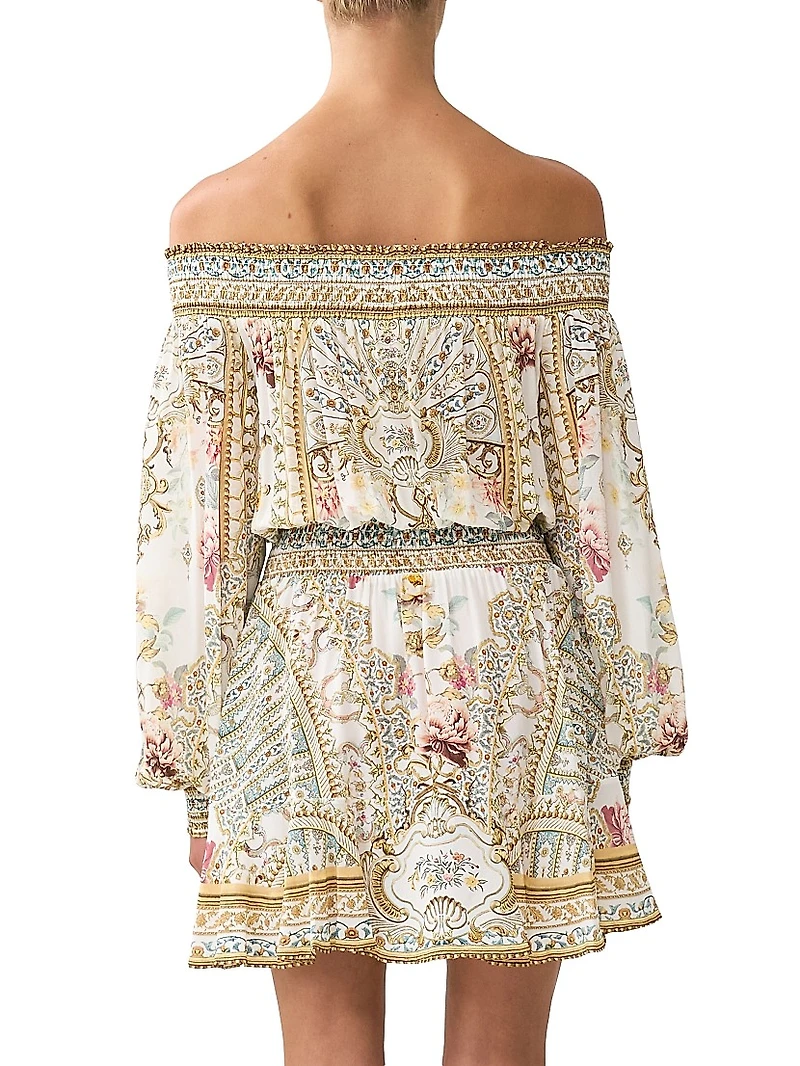 Printed Off-The-Shoulder Silk Minidress