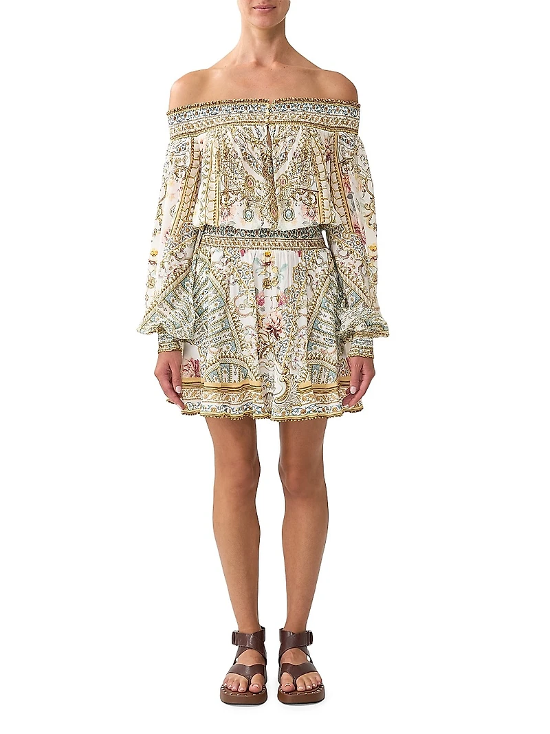 Printed Off-The-Shoulder Silk Minidress