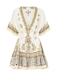 Embroidered V-Neck Linen Minidress